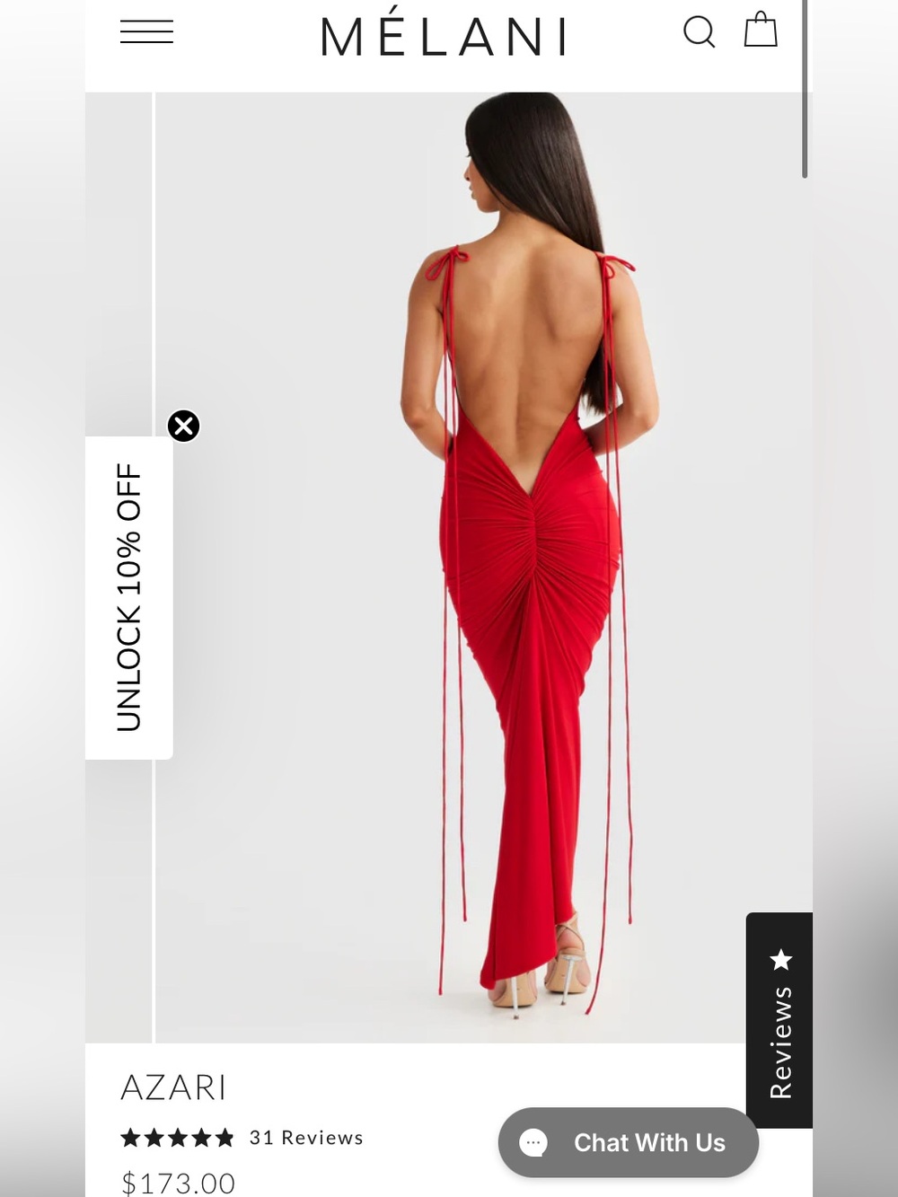 Azari Red Backless Ruched Tie-Strap Gown